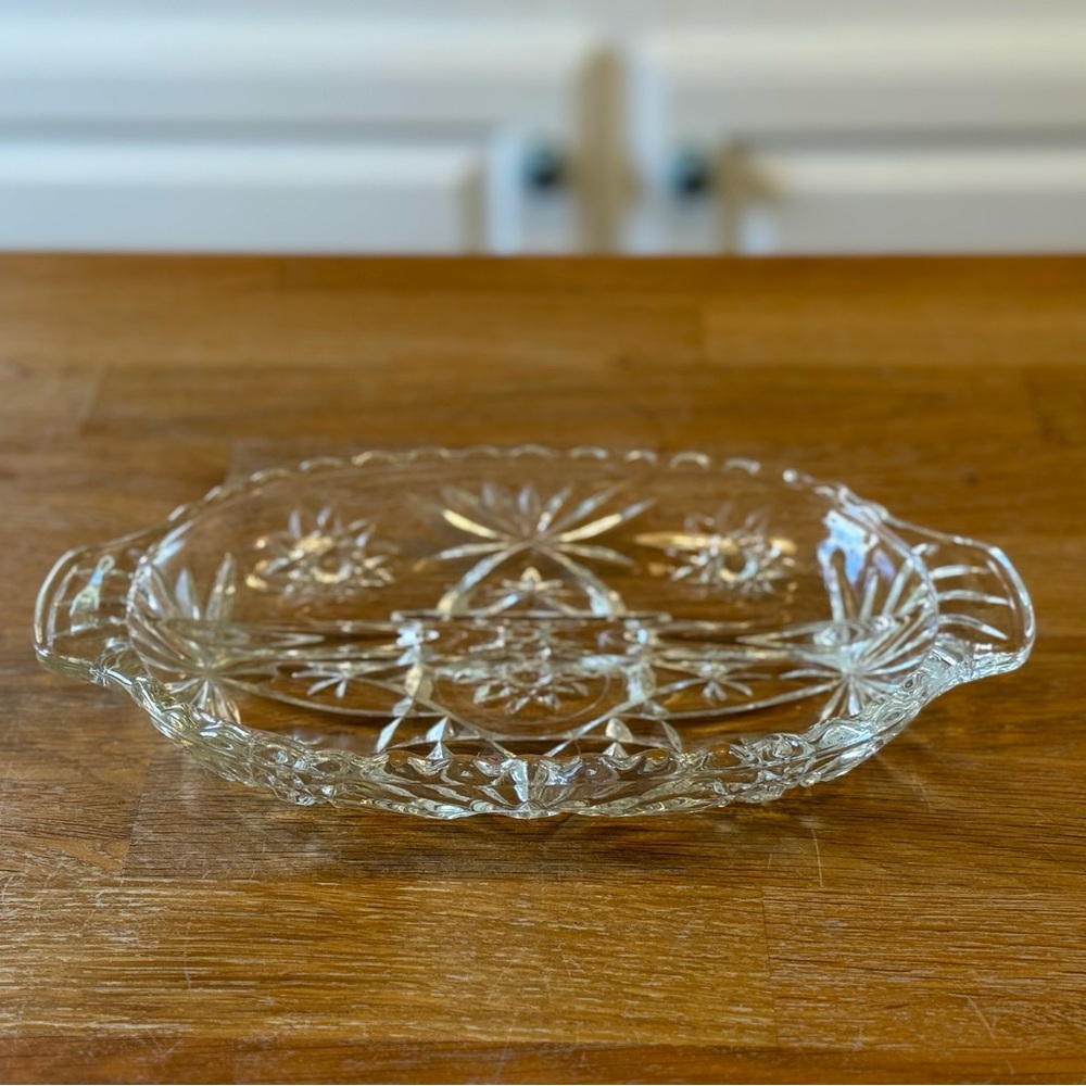 Vintage Pressed Glass Divided Relish Dish - Starburst Pattern - Mid Century
